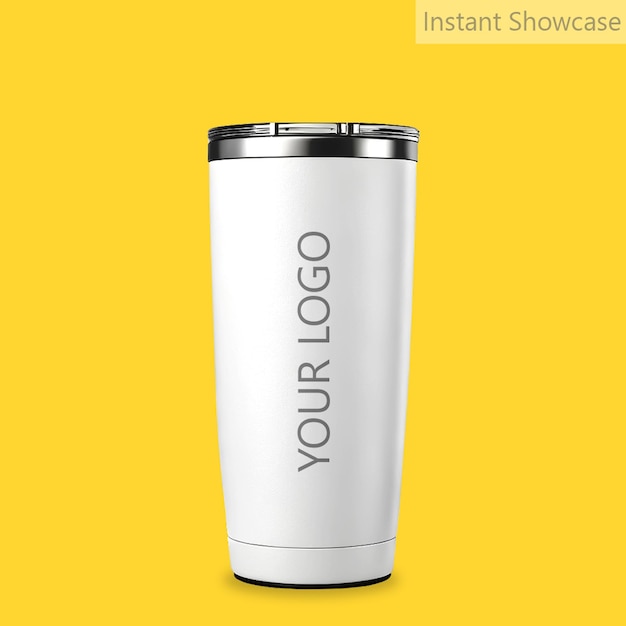 Steel Tumbler Mockup na żółtym tle Front View