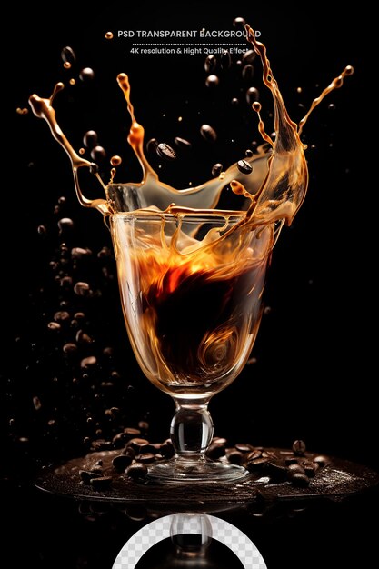 Stemmed glass with tea splashing out closeup isolated on black