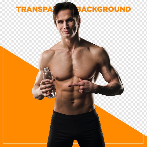 Sterke man zonder shirt met een waterfles in de sportschool met een transparante achtergrond