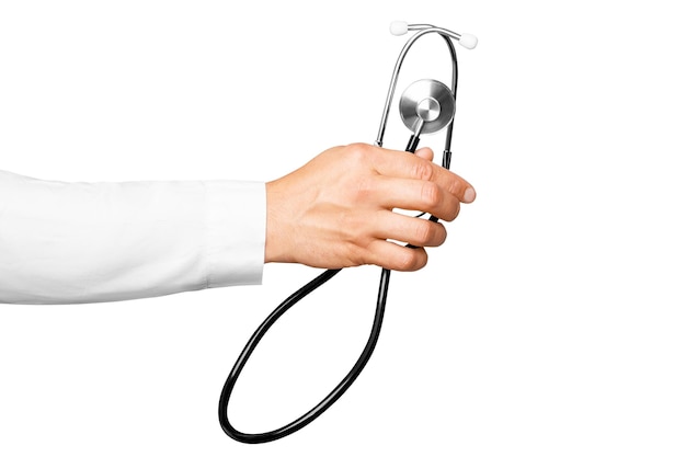 Stethoscope in hand of male doctor on blank background