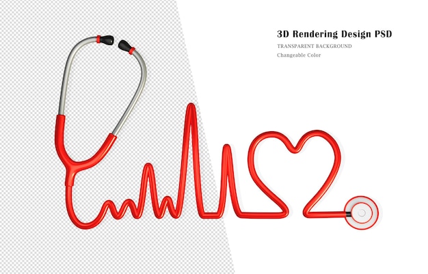 Stethoscope in the shape of a heart beat. red stethoscope isolated 3d rendering.
