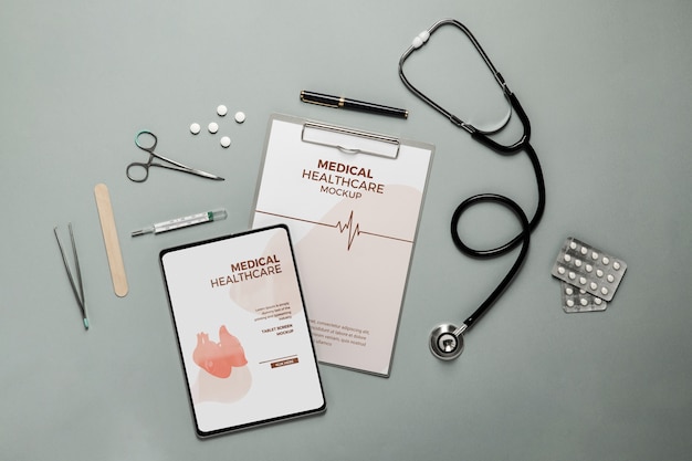 PSD stethoscope and tablet flat lay