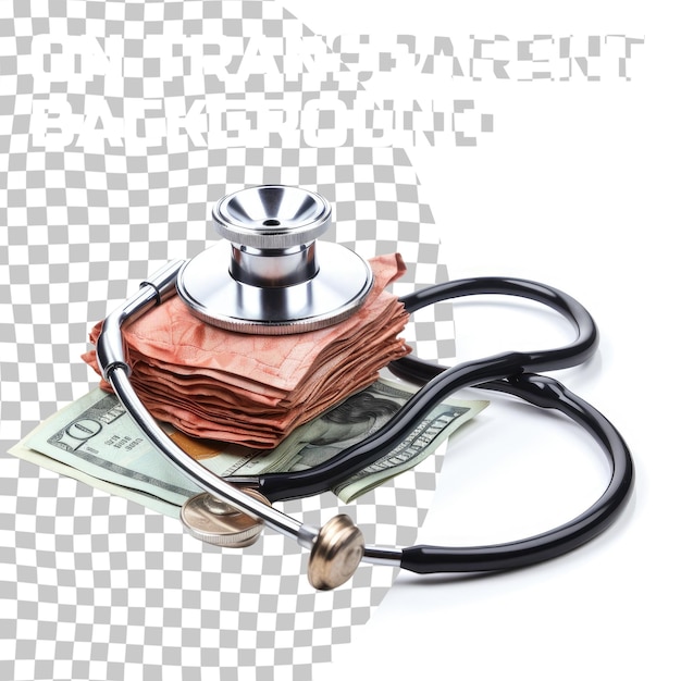 PSD stethoscope with money bag concept of financial diagnosis isolated on transparent background