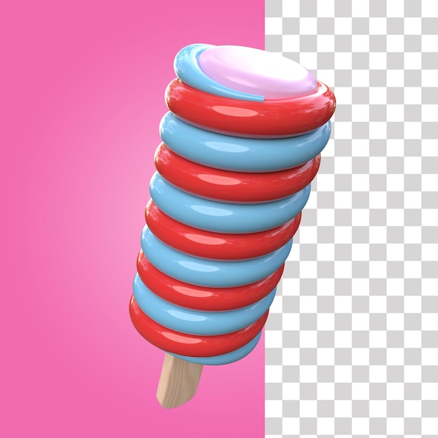 A stick of red and blue ice cream with a pink and blue swirls on it.