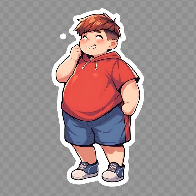 A sticker of a boy with a red hoodie on his chest