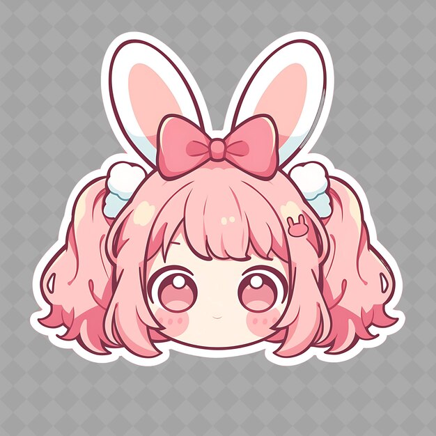 A sticker of a girl with pink hair and a pink bow on it