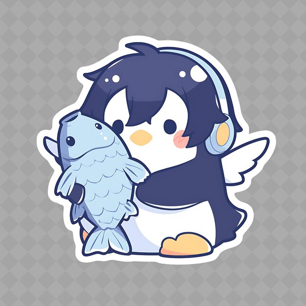 A sticker of a penguin with a fish on it