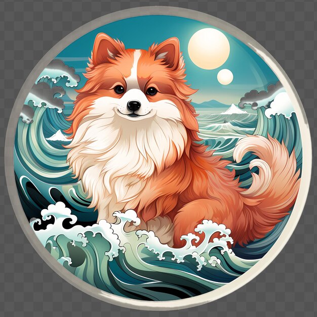 PSD sticker of pomeranian hokusai style clean art colo waterclor style isolated psd transparent design