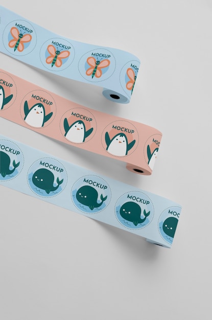 PSD sticker rolls arrangement flat lay