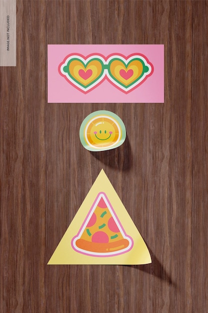 PSD sticker set on wooden background mockup, top view