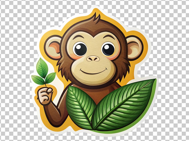 Sticker template with a monkey holding a leaf on white background