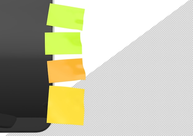 PSD Наклейки на мониторе компьютера бумажные липкие заметки с фигурными краями для заметок и напоминаний экран пк с пустыми заметками или цветными метками на белом фоне макет баннера крупным планом