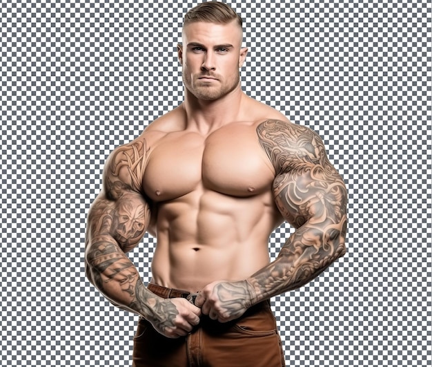 PSD stijlvolle bodybuilder met een krachtige tatoeage op een transparante achtergrond.