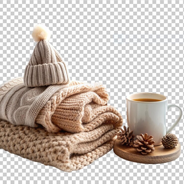PSD still life of cozy house with warm clothing on transparent background