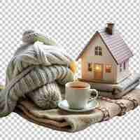 PSD still life of cozy house with warm clothing on transparent background