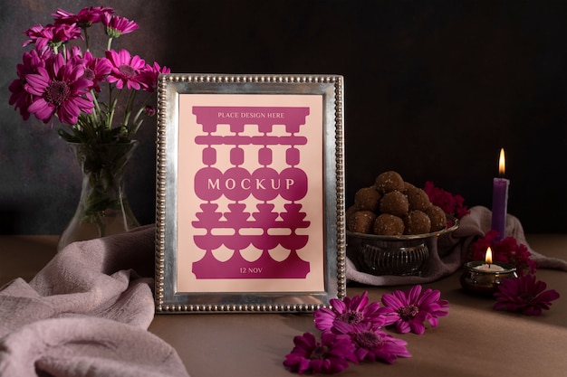 Still life of diwali postcard mockup