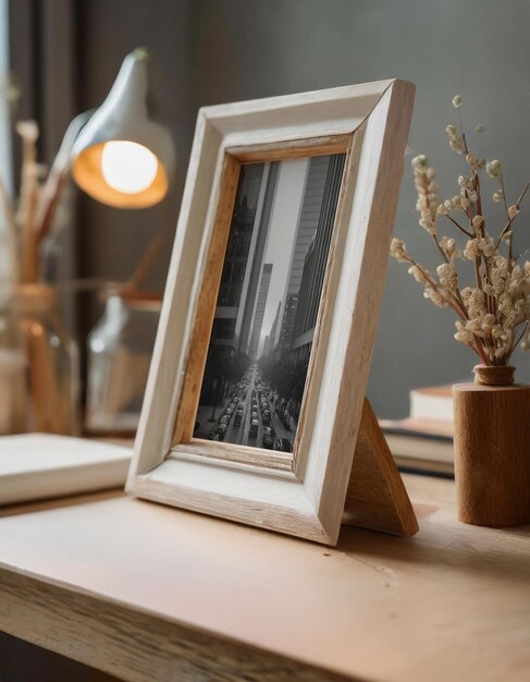 PSD still life houten frame mock-up op het bureau