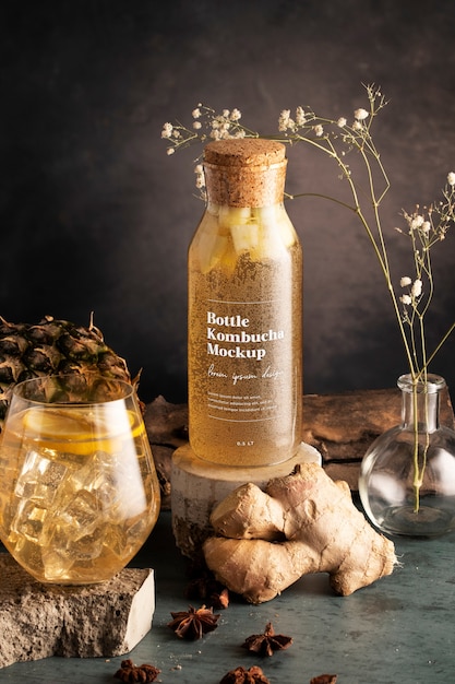 PSD mockup di bottiglia di kombucha di natura morta