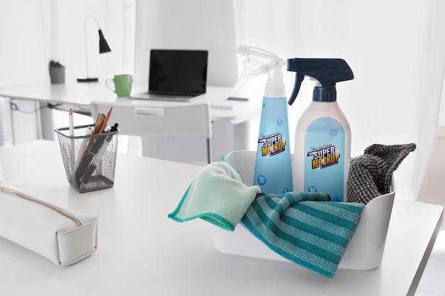 PSD still life of office cleaning mockup design