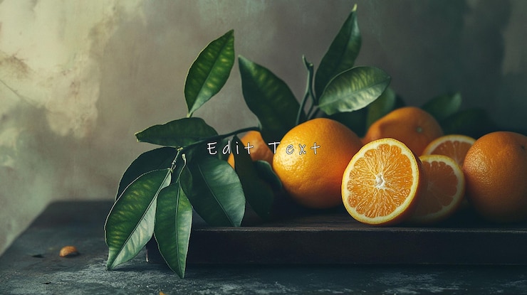 PSD still life of oranges with leaves on wooden board
