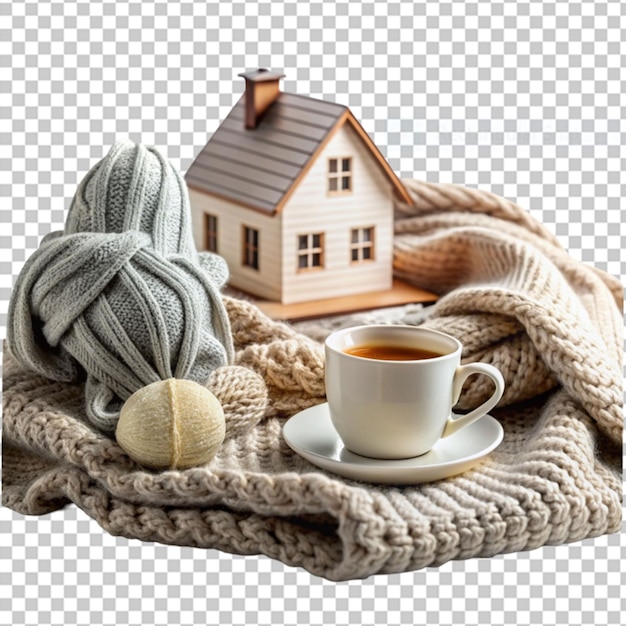 PSD still life przytulnego domu z ciepłymi ubraniami na przezroczystym tle