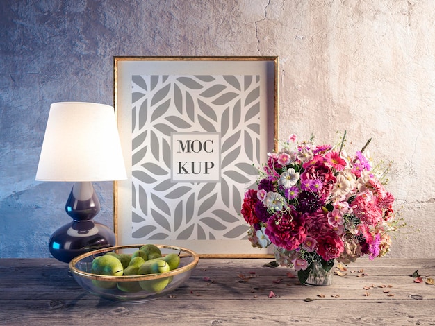 PSD still life with bouquet of multicolored flowers and frame mockup