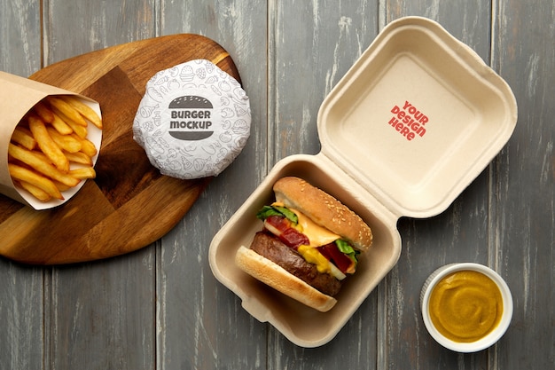 PSD still life with burger box mockup