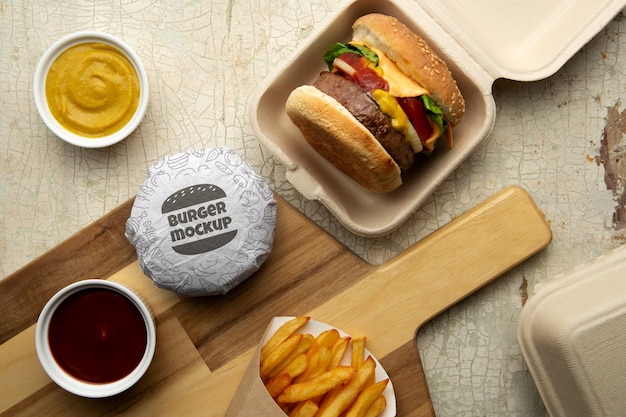 PSD still life with burger box mockup