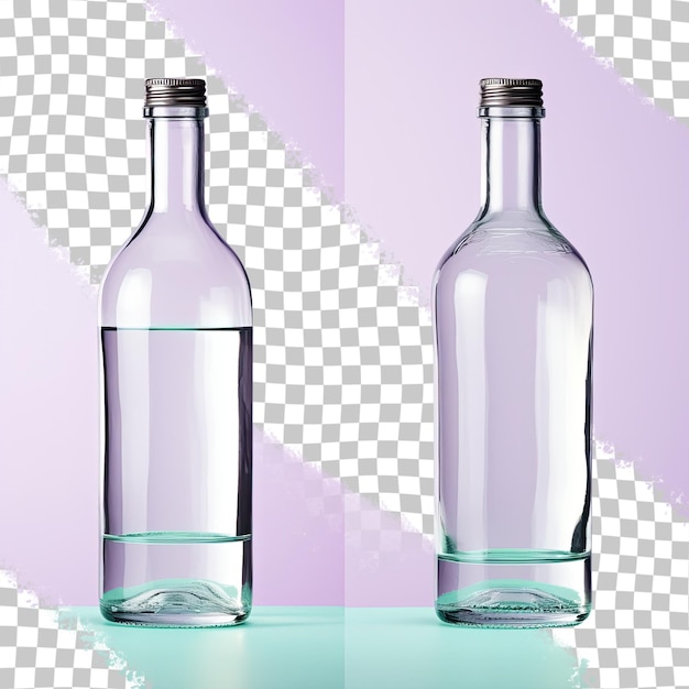 PSD sfondo trasparente cucito con bottiglia di vodka vuota da vicino
