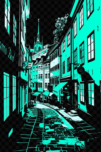 Stockholms Gamla Stan Z średniowieczną Sceną Uliczną Cobblestone Psd Wektor T-shirt Tattoo Ink Scape Art