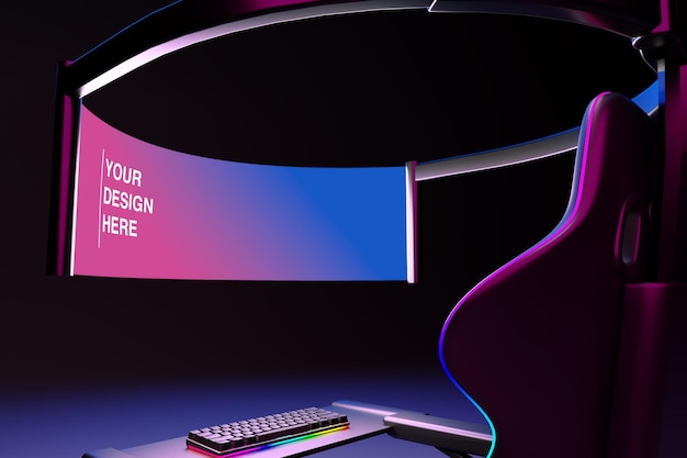 PSD stoel met futuristische mock-up monitor en toetsenbord