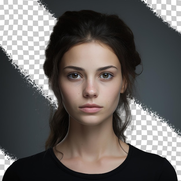 PSD stoic woman posing alone on transparent background