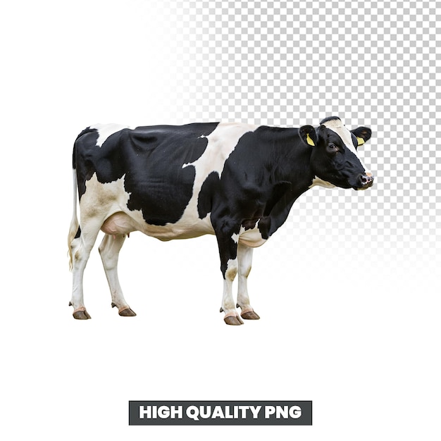 Stojąca czarno-biała krowa holsteinowa z żółtymi uszami na przezroczystym tle