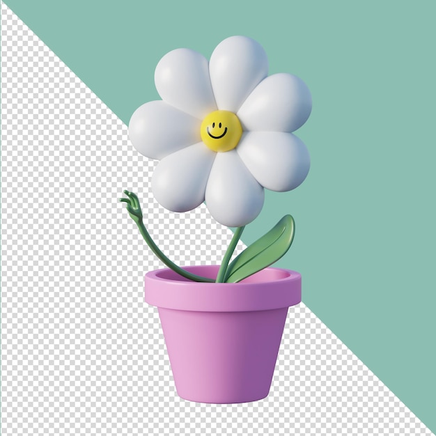 Stokrotka kwiat rumianku garnek renderowania 3d na białym tle ładny styl kreskówki