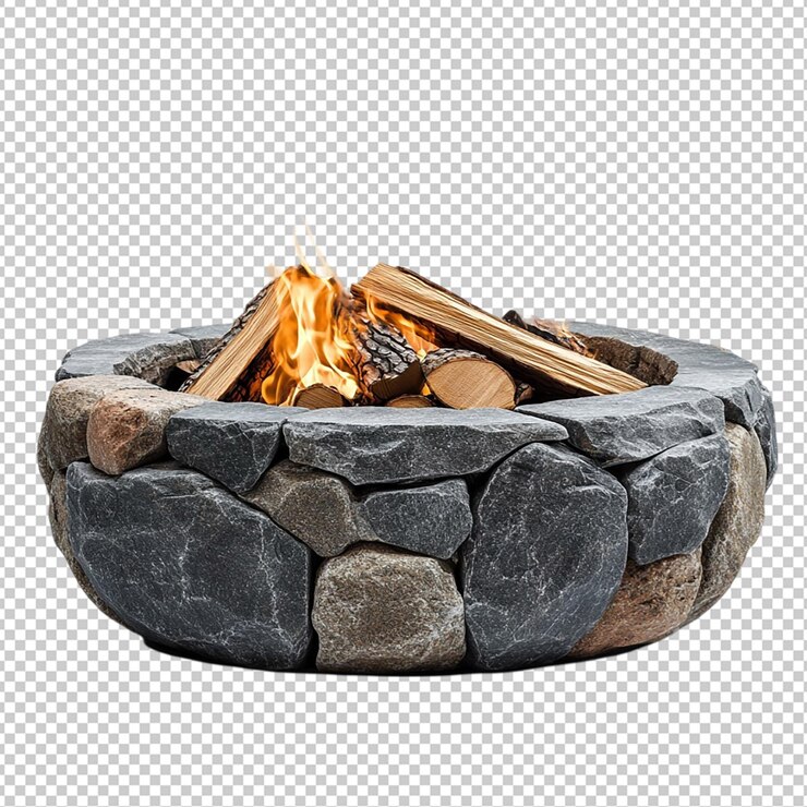 PSD stone fire pit with burning firewood isolated transparent background