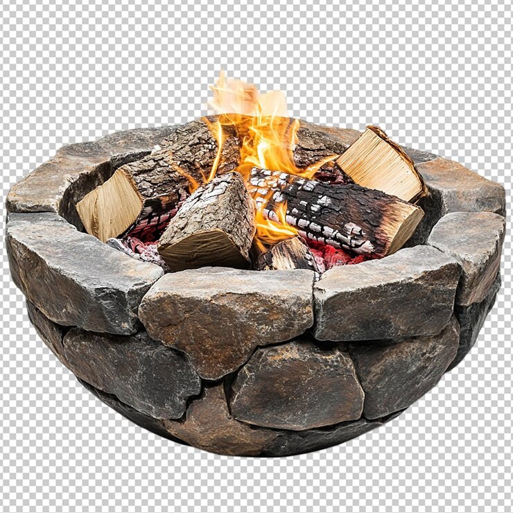 PSD stone fire pit with burning firewood isolated transparent background