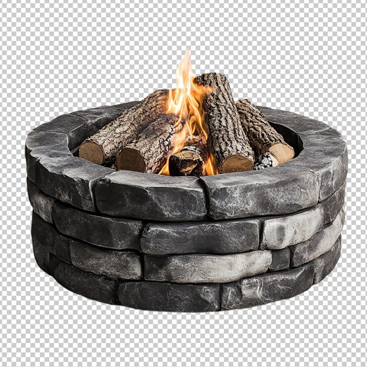 PSD stone fire pit with burning firewood isolated transparent background