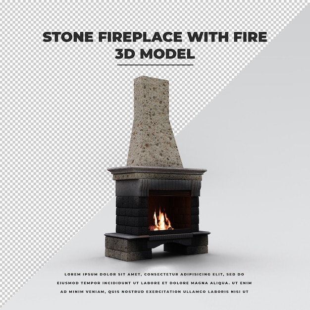 PSD stone fireplace with fire