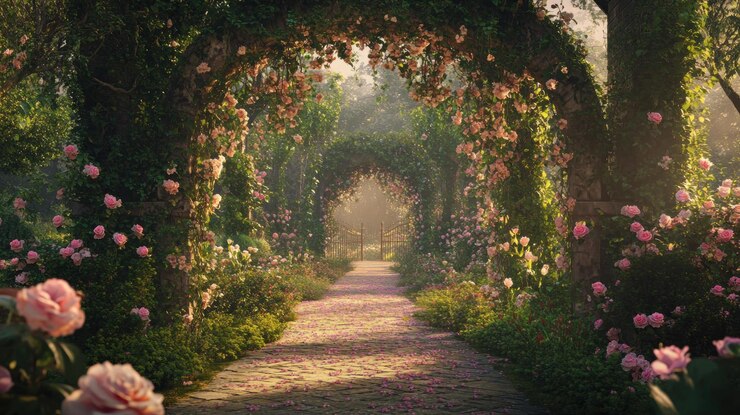 PSD a stone path leads through a romantic rose garden with blooming pink roses and soft sunlight filtering through the lush greenery