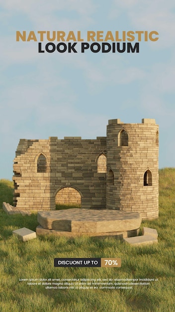 PSD stone plate podium with ancient ruins castle and grass for product display