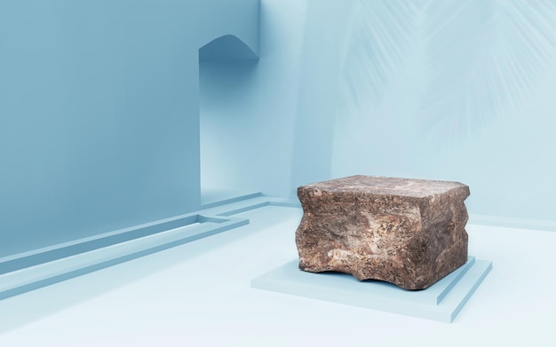 Stone podium on blue room for product placement 3d render