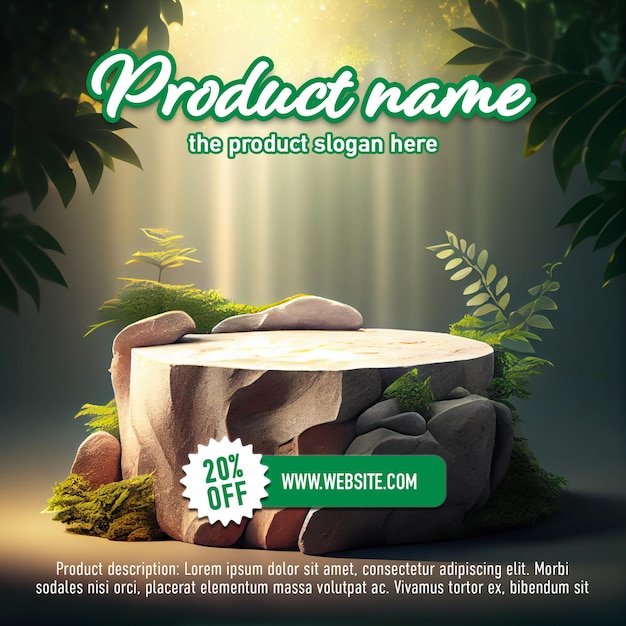 PSD stone podium or platform for product presentation display in the forest psd template