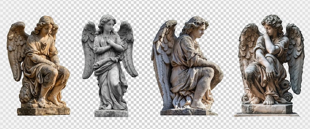 Statua in pietra di un angelo femminile alato isolato su uno sfondo trasparente generativo ai