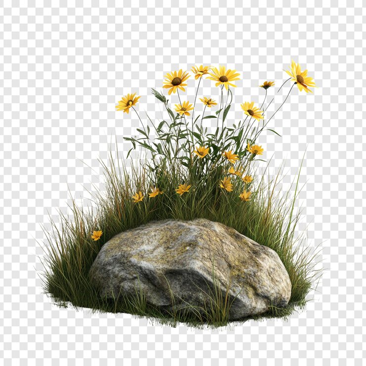 PSD stone with flowers and grass