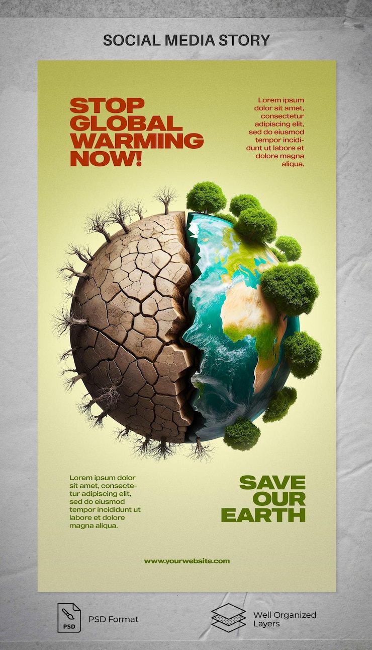 PSD stop global warming now save our earth social media story and banner psd template