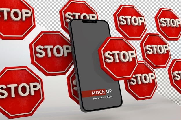 Segnale di stop fluttuante con smartphone di ultima generazione e display mockup 3d render