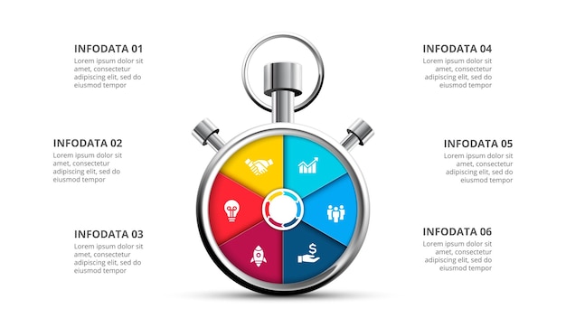 PSD stopwatch cirkel infographic bedrijfsconcept met 5 opties delen stappen of processen