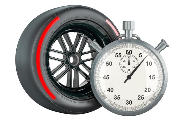 stopwatch with racing wheel red soft compound type tyre 3d rendering isolated on transparent background