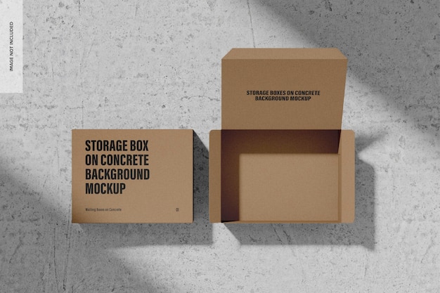 PSD storage boxes on concrete background mockup, top view