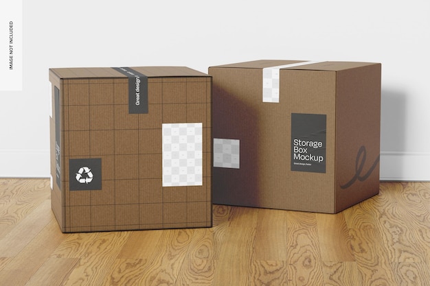 PSD storage boxes with label mockup perspective